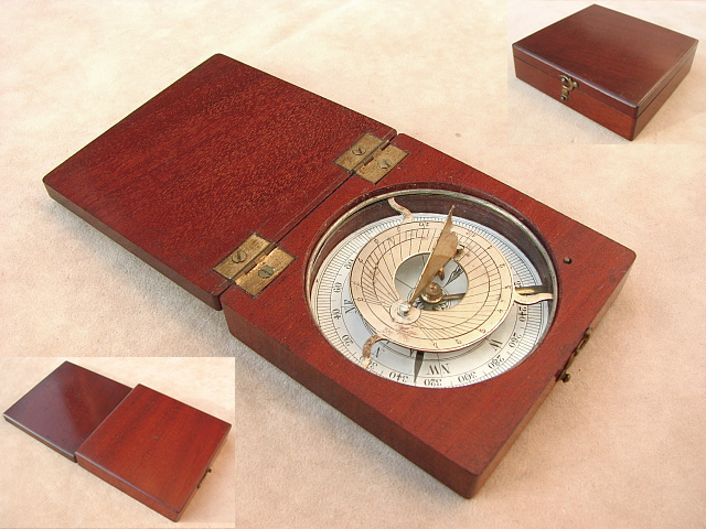 Edwardian mahogany cased pocket compass with folding gnomon